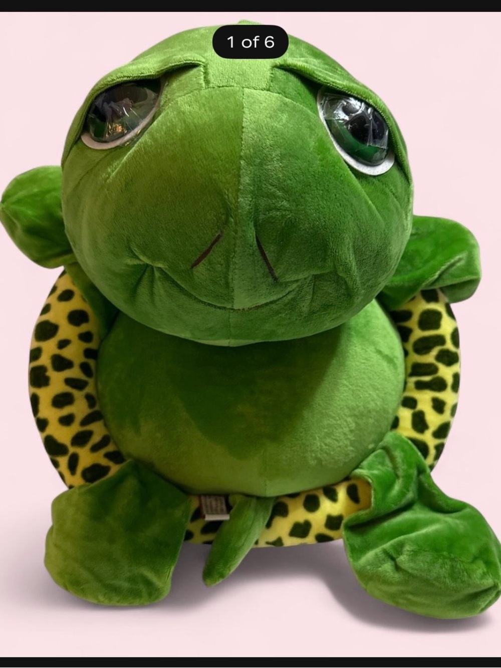 Nico Bright Green Plush Turtle Pet Pillow with Yellow Leopard Trim& big sad eyes